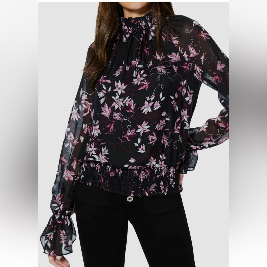 Ramy Brook Keisha Black And Pink Floral Mock Neck Women's Top Blouse